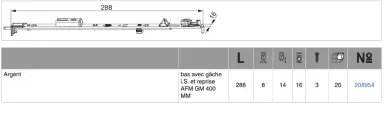 Verrou de semi-fixe bas avec gâche i.S. et reprise AFM GM 400 MM L=288 Argent