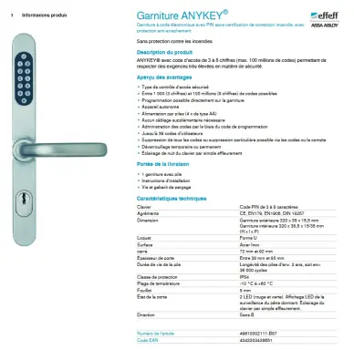 poignee Serrure à code eff eff ASSA ABLOY ANYKEY 496