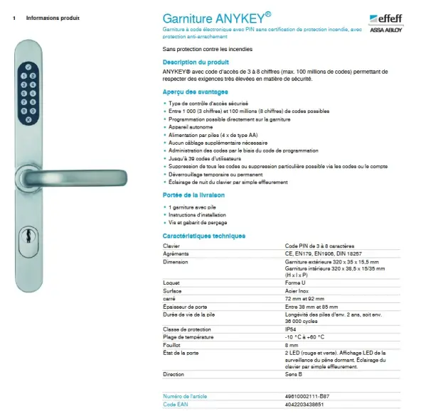 poignee Serrure à code eff eff ASSA ABLOY ANYKEY 496
