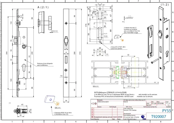 Serrure TECHNAL 3 points à rouleau T920007 45 mm