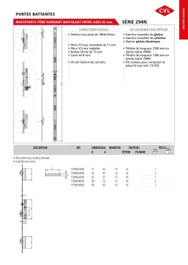 Serrure CVL multipoints pêne basculant série 294N entraxe 92 mm têtière de 16 mm