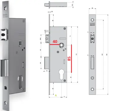 Serrure MARC portail portillon axe 40mm entraxe 85 mm MADE IN EU 728 AF