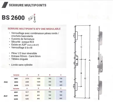 Serrure KFV multipoints BS 2600 manœuvre à clé
