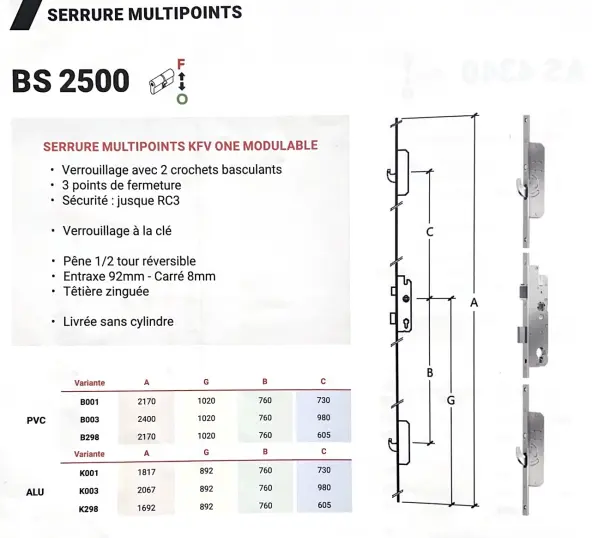 Serrure KFV multipoints BS 2500 TP16mm  à crochet