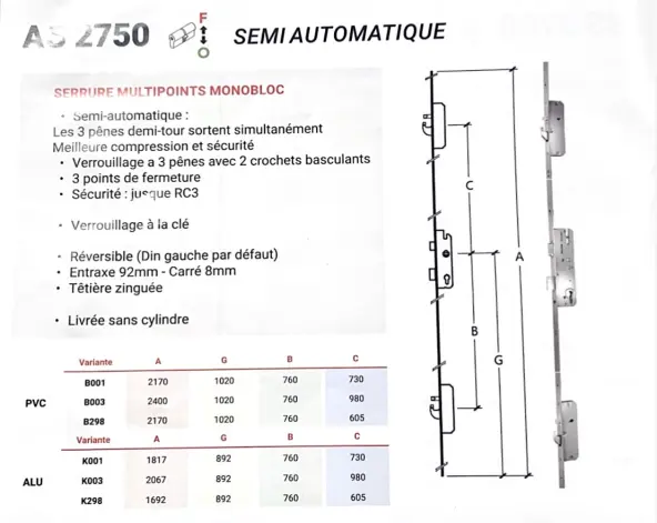 Serrure KFV AS 2750 multipoints  B001