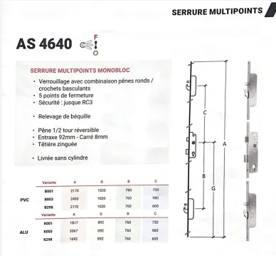 Serrure KFV multipoints AS 4640 B001 E92 mm - 2