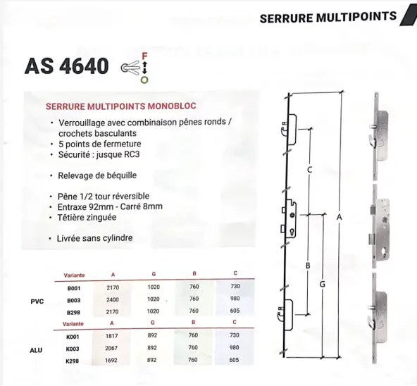 Serrure KFV multipoints AS 4640 B001 E92 mm