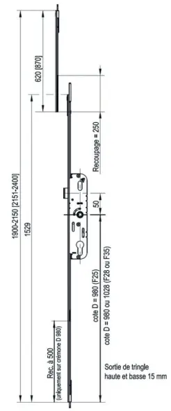 Crémone GU 35/70 ajustable haut et bas pour barillet Réf. G-24753-15-L-1