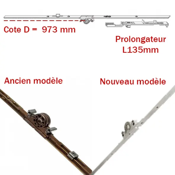 Crémone ajustable ROTO Gr973 OB F14.5 L2065 + prolongateur L135 mm