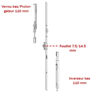 Crémone ROTO en kit ajustable haut/bas galets plats
