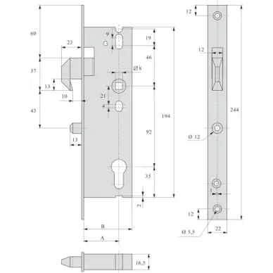 Serrure à larder à mentonnet STREMLER 2565 axe 32 mm entraxe 92 mm - 2