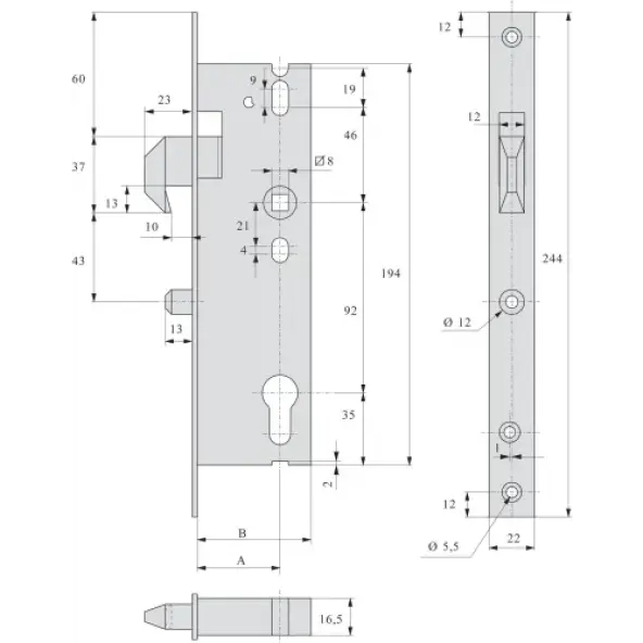 Serrure à larder à mentonnet STREMLER 2565 axe 32 mm entraxe 92 mm