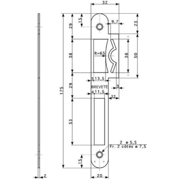 Gâche plate réglable en acier zingué réversible