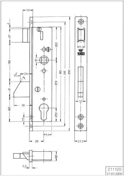 Serrure monopoint Schüco 211120 A28 EA97 pour portes aluminium