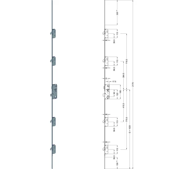 Serrure multipoints Winkhaus T-F1677 / 1667 à crochets