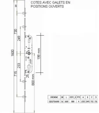 CREMONE FERCO GU AXE 25mm tetiere cambrée 4 Galets - 2