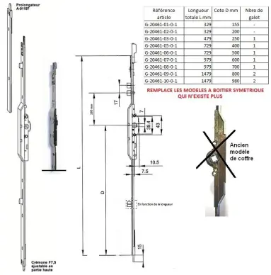 Crémone serrure fenetre GU ferco G-20461 ref E20437 jet 7.5