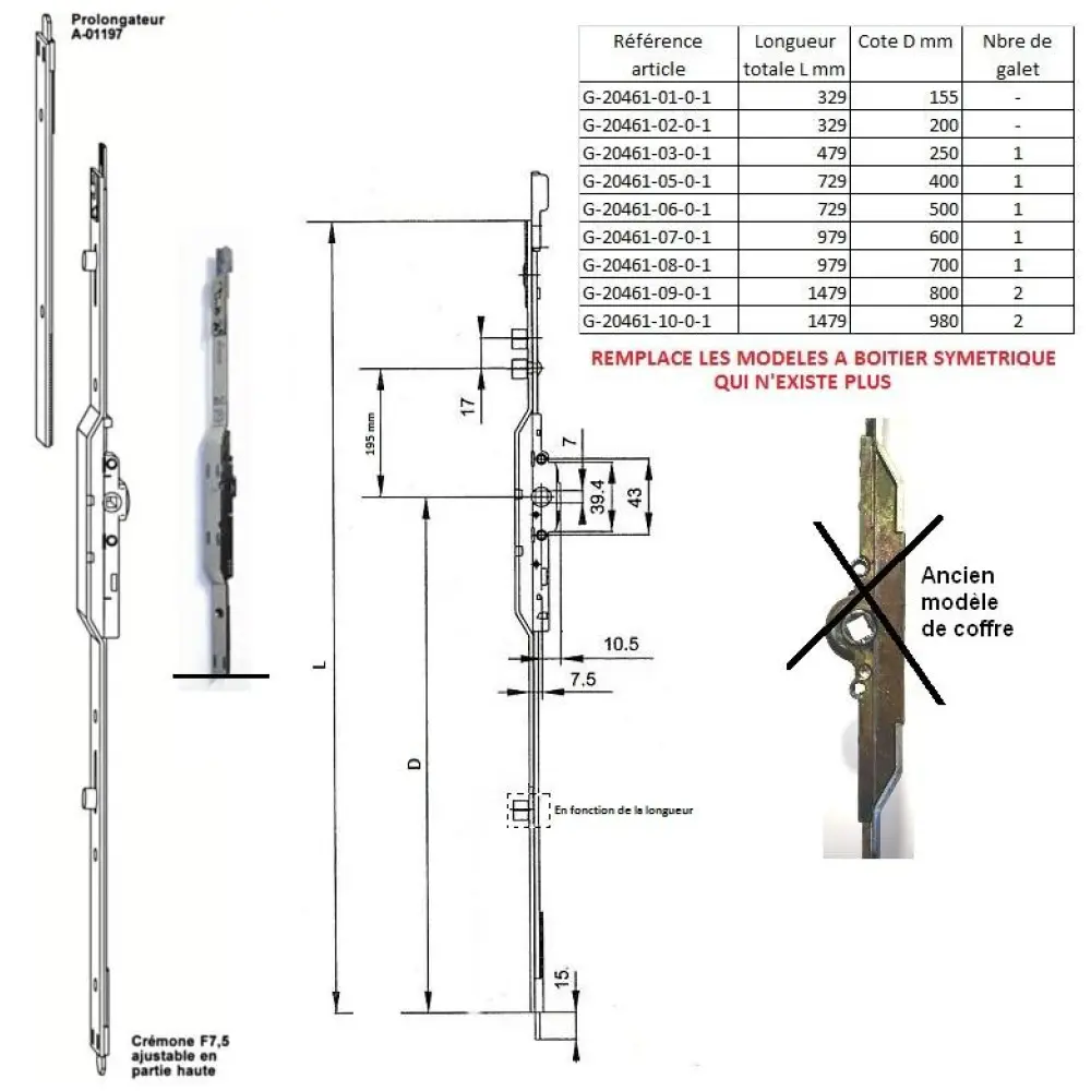 Crémone serrure fenetre GU ferco G-20461 ref E20437 jet 7.5
 | Thoumyre