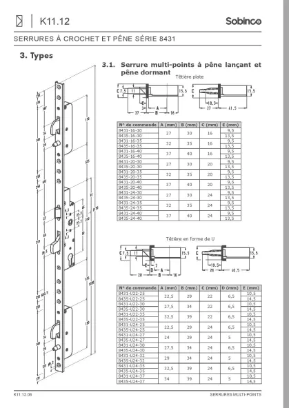 SERRURE SOBINCO 8431-U22-30 POUR MENUISERIE REYNAERS