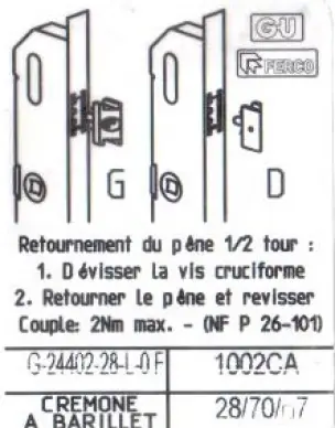 Serrure cremone ref G-24402-35-L-0..GU-35/70 2 Galets AJUSTABLE HAUT+BAS - 1