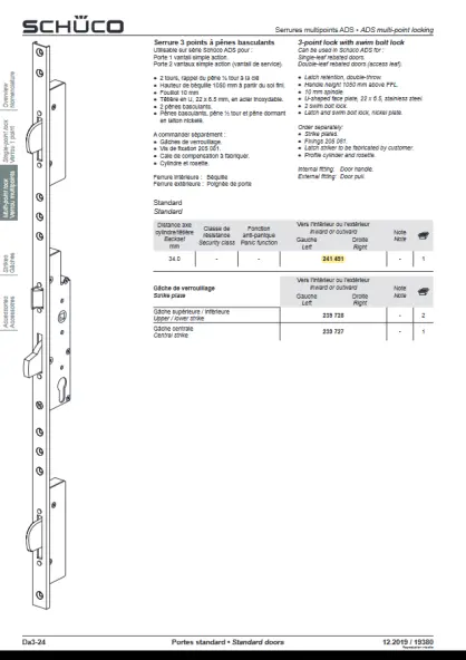 serrure 3 points schuco 24149100 pênes basculants T22