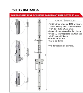 Serrure CVL 3 points pêne basculant entraxe 85mm série 296 TT22
