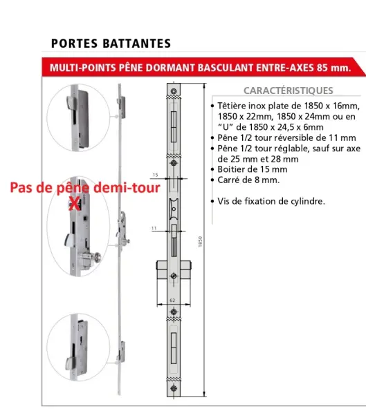 Serrure CVL 3 points pêne basculant TT24 entraxe 85mm série 296