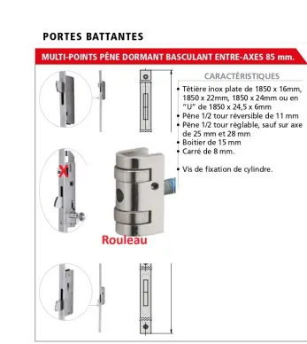 Serrure CVL 3 points à rouleau réglable entraxe 85mm série 296