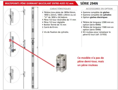 Serrure CVL multipoints pêne rouleau série 294N entraxe 92 mm