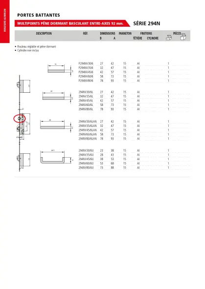 Serrure CVL multipoints pêne rouleau série 294N entraxe 92 mm