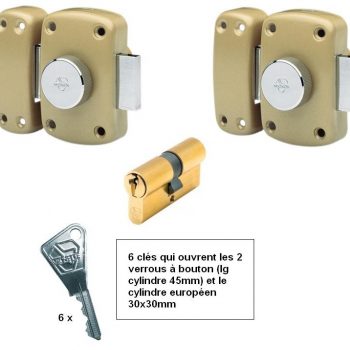 Ensemble 2 verrous bouton vachette + cylindre 30x30 mêmes clés