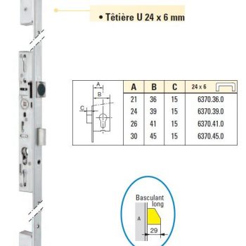 SERRURE A LARDER POUR MENUISERIE METAL - 3 POINT - TF3 - L36 - ENTRAXE 92 - AXE 21