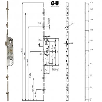 CREMONE FERCO GU AXE 25mm tetiere cambrée 4 Galets