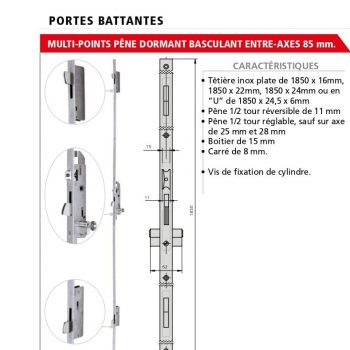 Serrure 3 points CVL à pêne basculant entraxe 85 mm serie 296