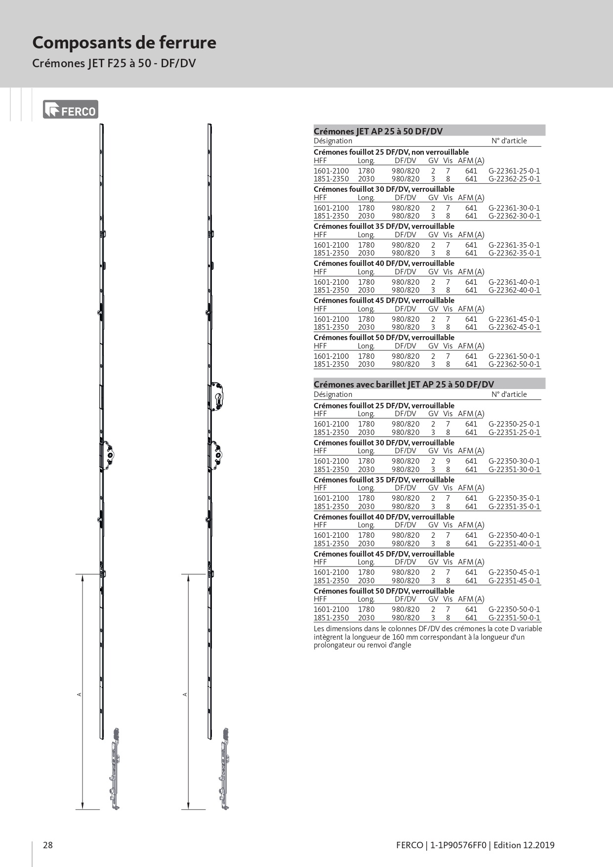 Composants de ferrure Crémones JET F25 à 50 - DF-DV